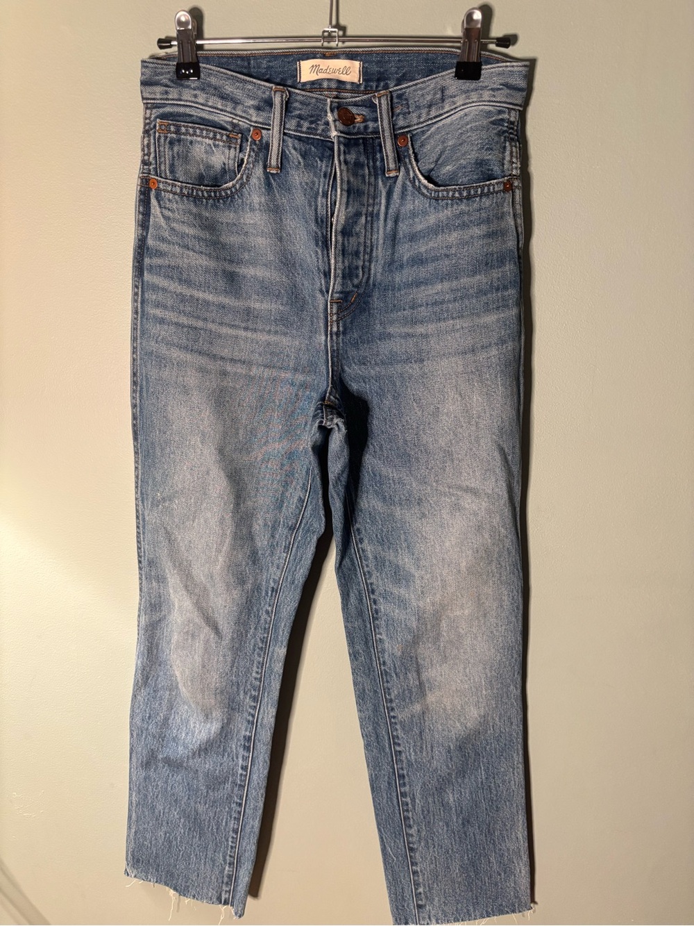 Madewell Stovepipe Straight Leg Jeans Size 24 (Measures 27") Raw Hem Blue